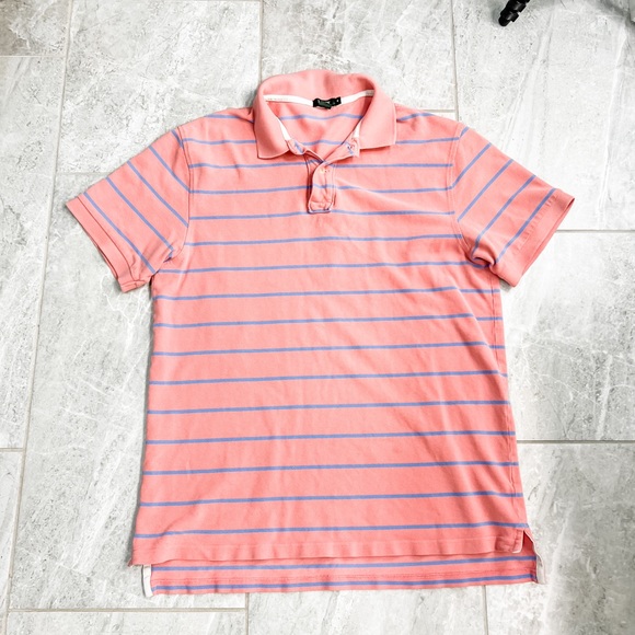 J. Crew Salmon and Blue Striped Outdoor Gold Polo Size Medium - Picture 5 of 6